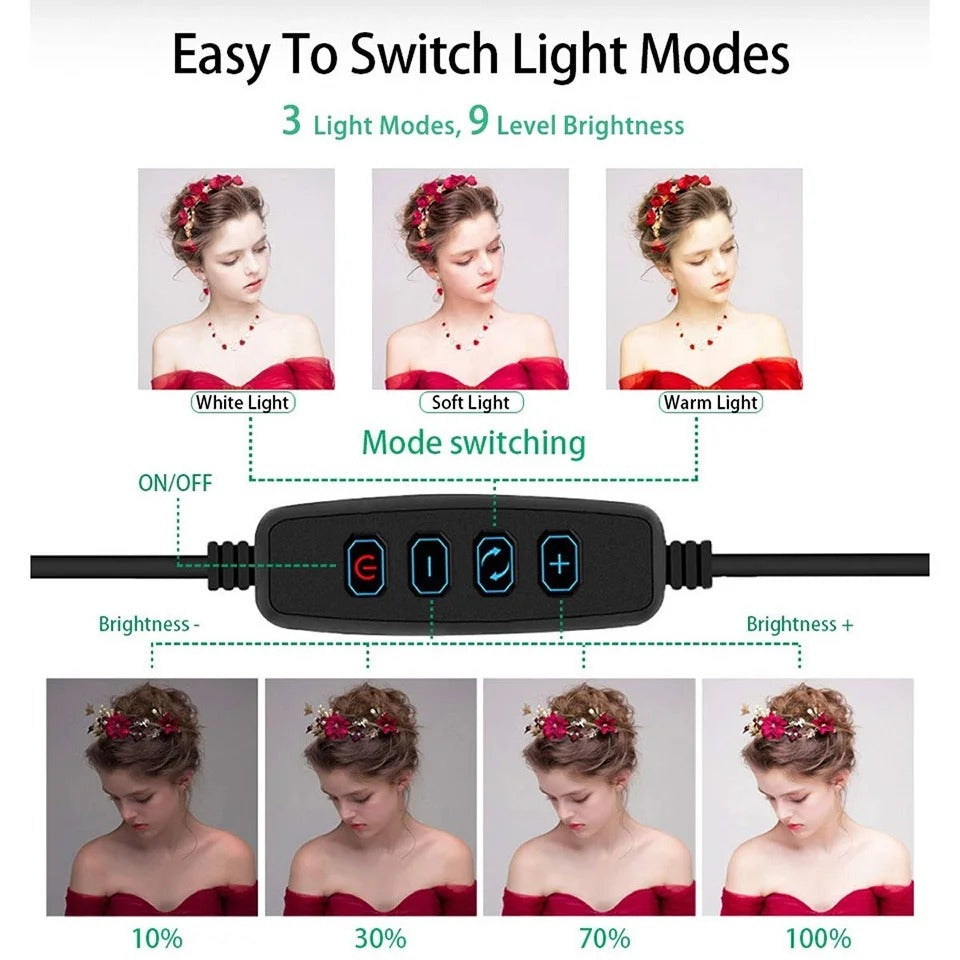 Studio-quality ring light tripod with adjustable brightness & phone holder for professional photos & videos.