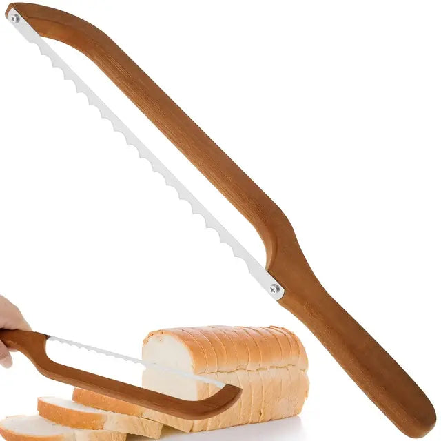 Professional stainless steel bread knife with ergonomic wood handle for effortless slicing.