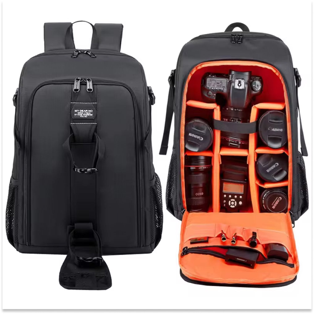 Unisex camera backpack for professional photographers; waterproof design ensures secure DSLR gear storage for any trip.