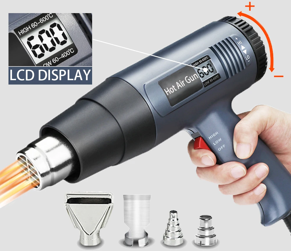 Collection of ProTherm 2000W industrial heat gun and included power tool accessories