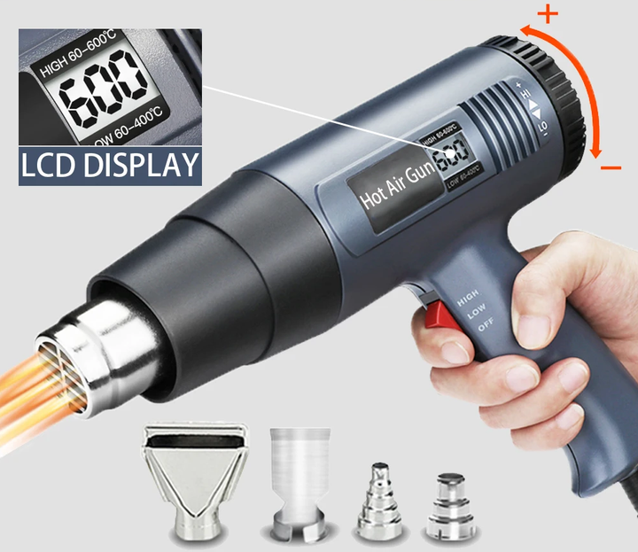 Collection of ProTherm 2000W industrial heat gun and included power tool accessories