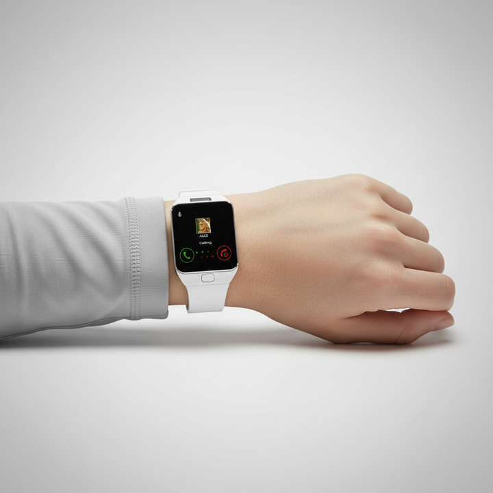 Close-up of Pulseon Smartwatch rectangular display showing time, unisex wearable tech