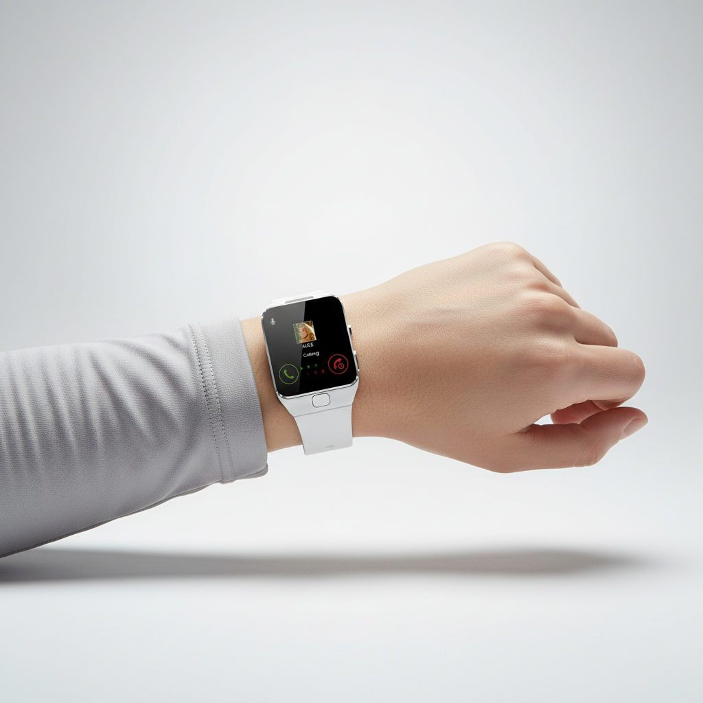 Unisex Pulseon Smartwatch with rectangular touchscreen display and black silicone strap from side