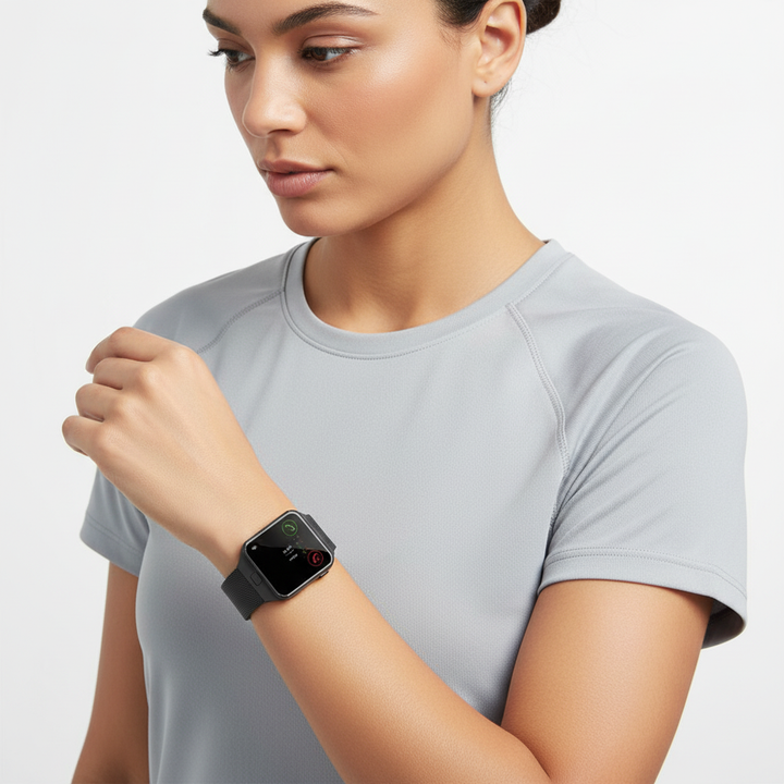 Pulseon Smartwatch, rectangular digital watch, highlighting touchscreen interface and fitness features