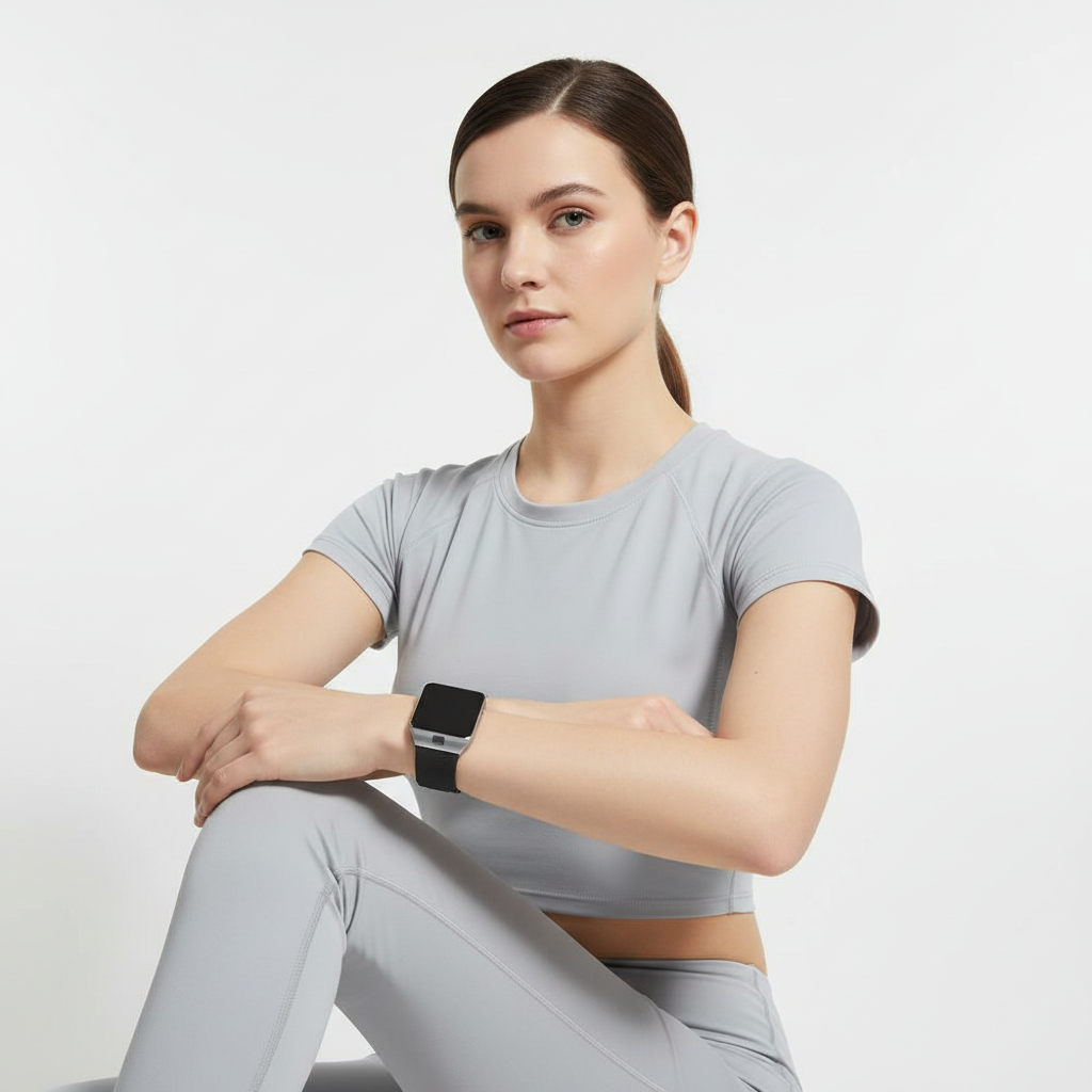 Angle view of Pulseon Smartwatch, rectangular display, durable silicone strap, modern accessory