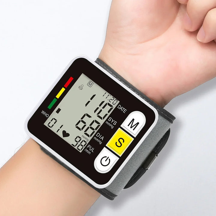PulseTrack Digital Wrist Blood Pressure Monitor with clear LCD display for accurate home health tracking