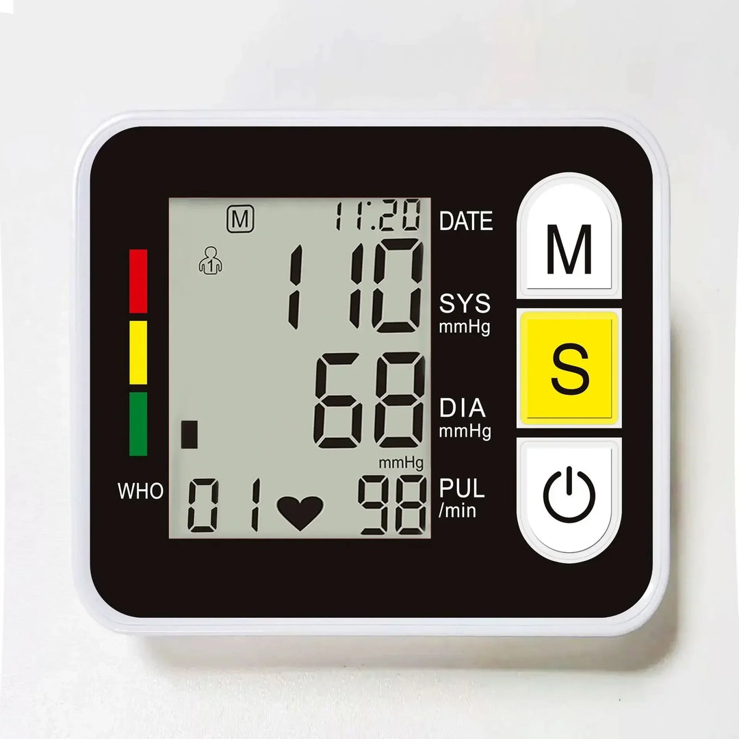 Portable Digital Wrist Blood Pressure Monitor with large LCD display, ideal for personal care health tracking