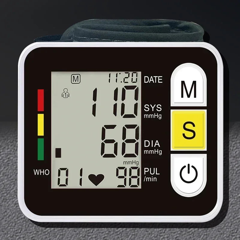 Close-up of PulseTrack Digital Wrist Blood Pressure Monitor's LCD showing blood pressure and heart rate