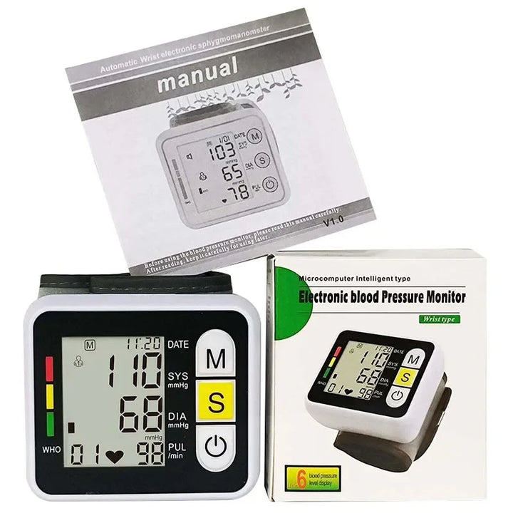 Ergonomic Digital Wrist Blood Pressure Monitor, PulseTrack, with an easy-to-read LCD for daily health