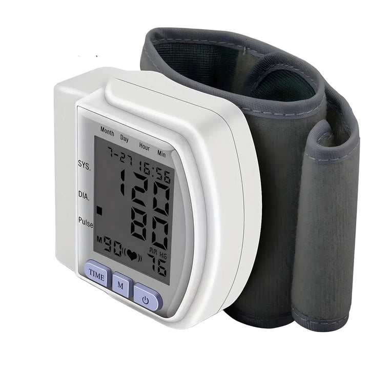 Medical device: PulseTrack Digital Wrist Blood Pressure Monitor featuring a prominent LCD display