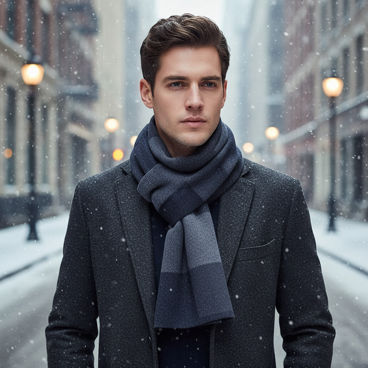 Pure wool plush men's winter scarf in gray, soft & warm for cold weather outfits