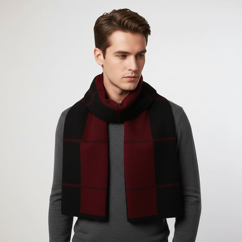 Pure wool plush men's winter scarf, showcasing its thickness and insulating properties