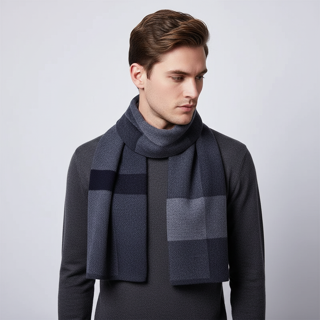 Checkered pure wool plush men's scarf, gray and black, ideal winter accessory