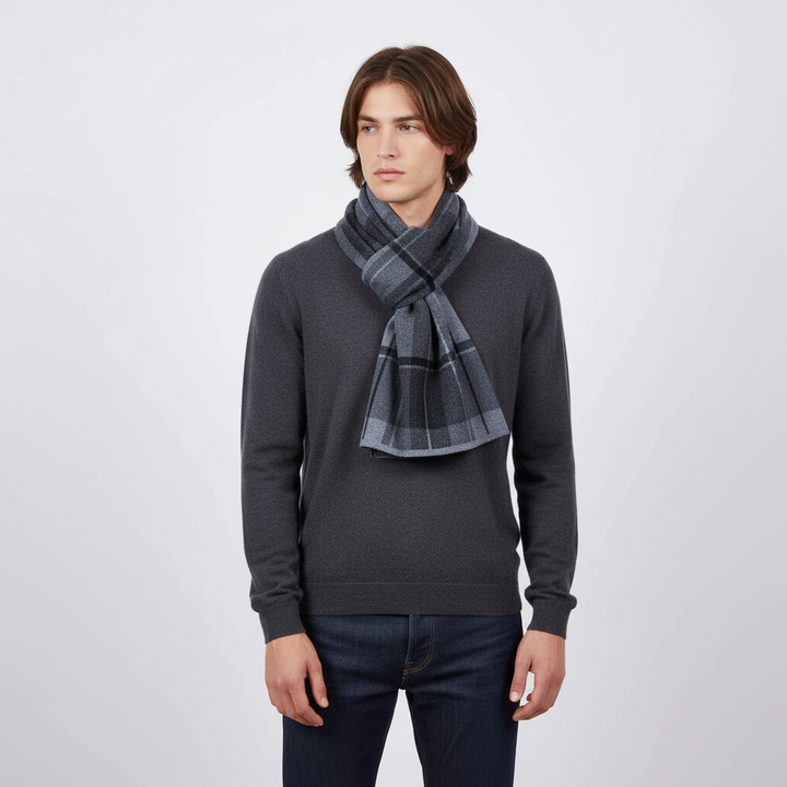 Man wearing a gray pure wool plush winter scarf, showcasing warmth & style