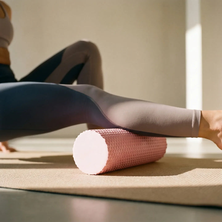 Purple high-density foam roller for muscle recovery, deep tissue massage & fitness exercises.