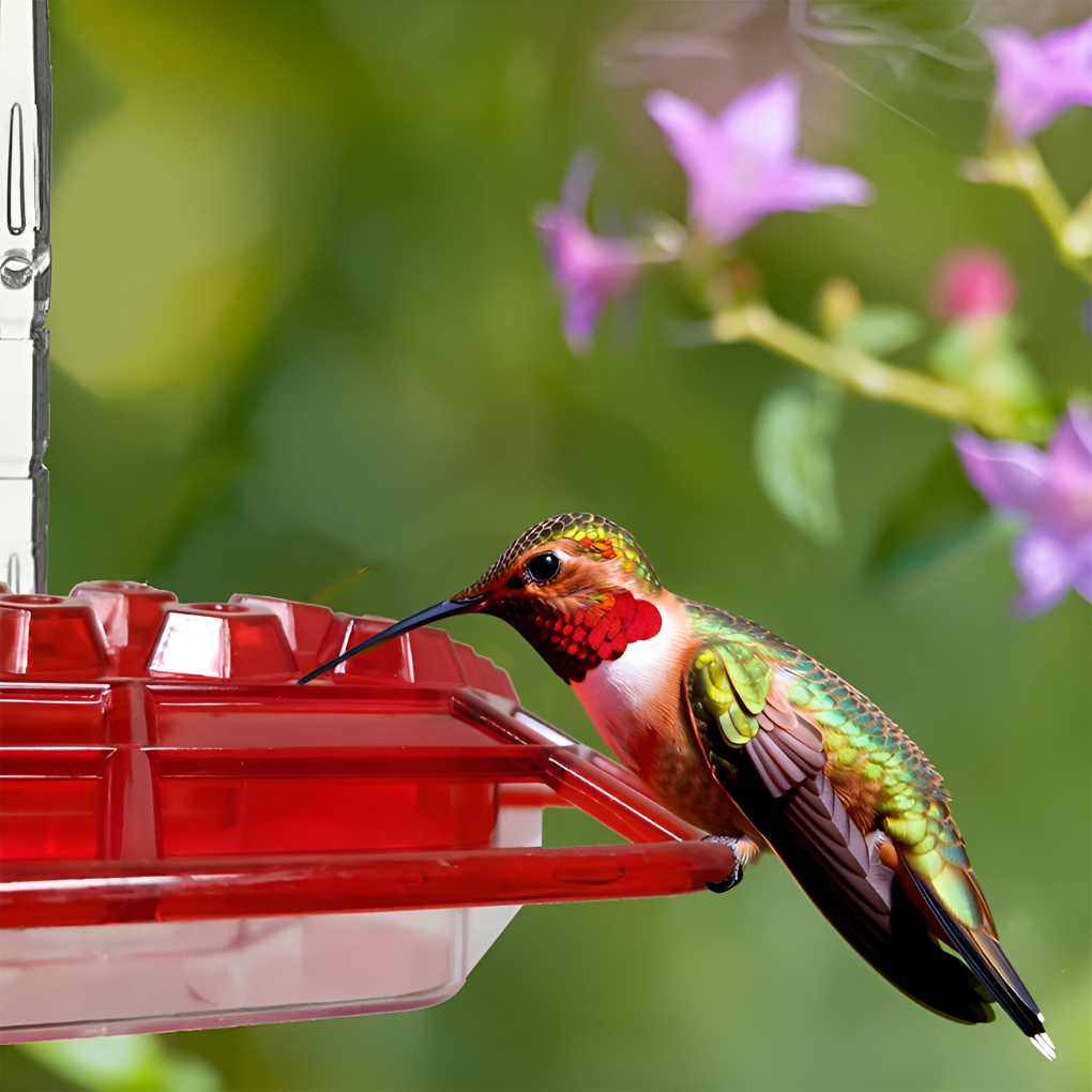 Purple outdoor hummingbird feeder with ant moat & bee deterrent. Perfect for garden bird watching.