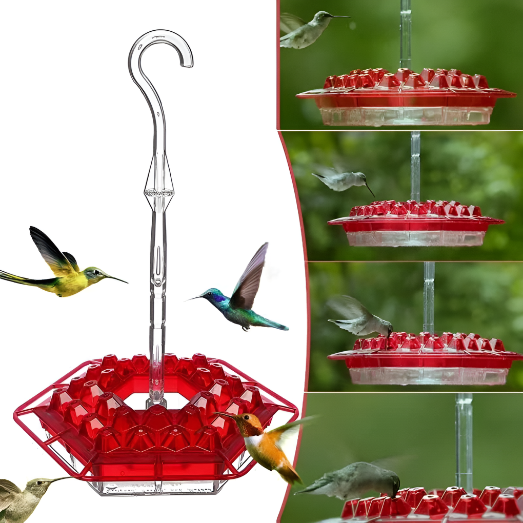 Durable polycarbonate hummingbird feeder in purple & red, designed for outdoor garden use.
