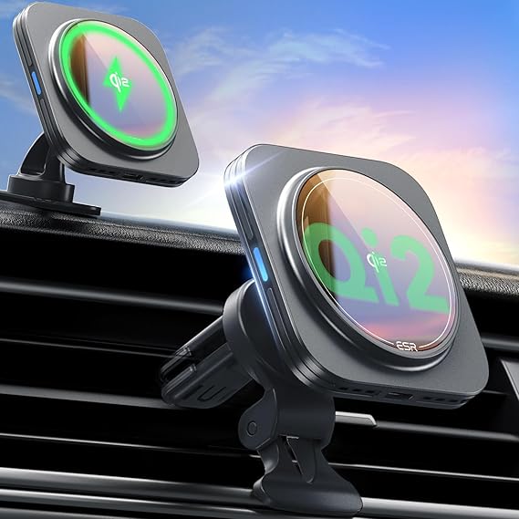 Qi2-certified 15W MagSafe wireless car charger on dashboard, iPhone charging swiftly and securely.