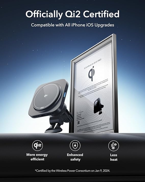Magnetic wireless car charger 15W, Qi2 certified, mounted in a car air vent, securing a smartphone.