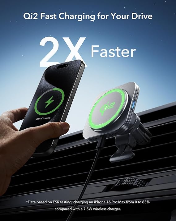 Universal Qi2 15W magnetic dashboard phone mount and wireless charger, perfect for in-car tech.