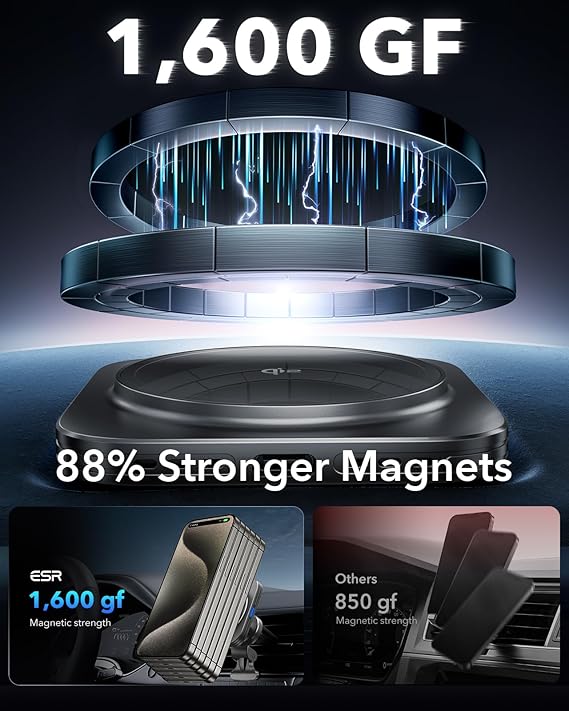 Close-up of a 15W Qi2 certified magnetic car charger, holding a phone securely for navigation.