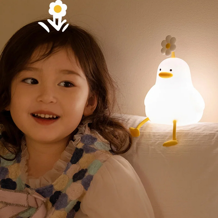 Charming QuackLight duck night light, a delightful LED lamp offering a gentle, soft glow for children's bedtime.