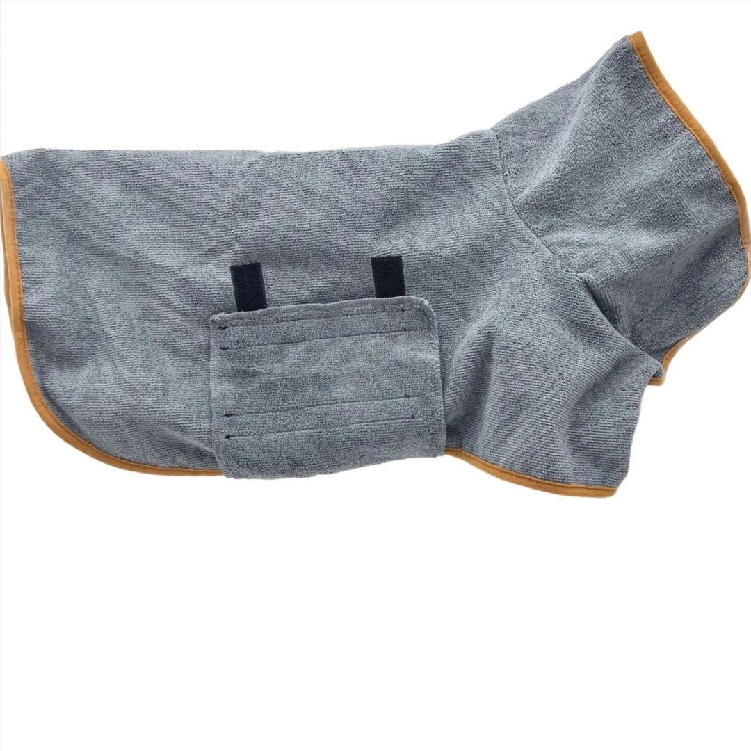 Comfortable dog bathrobe, a plush pet bath wrap providing warmth and snugness for your dog after bathing.