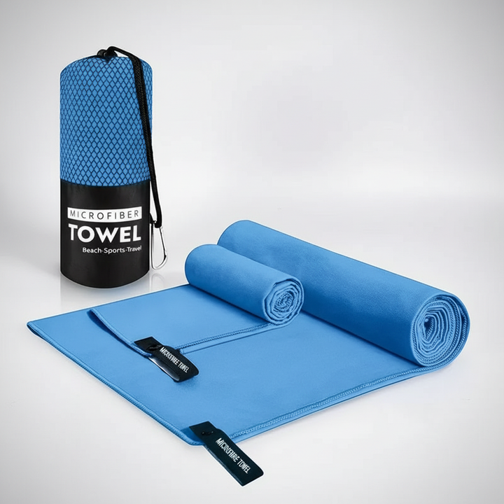 Unisex microfiber travel towel in its compact carrying pouch, lightweight convenience