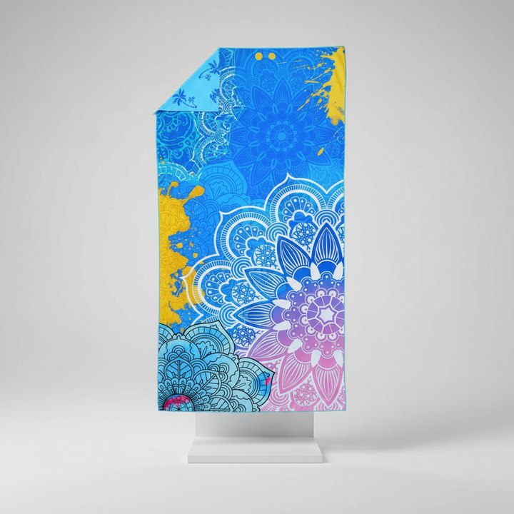 Set of fast-drying beach towels with a vibrant tropical design, great for swim and travel