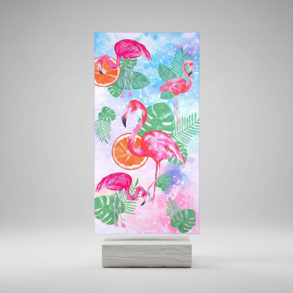 TropicalTouch quick-dry microfiber towel with a bright tropical design, easily foldable for any adventure