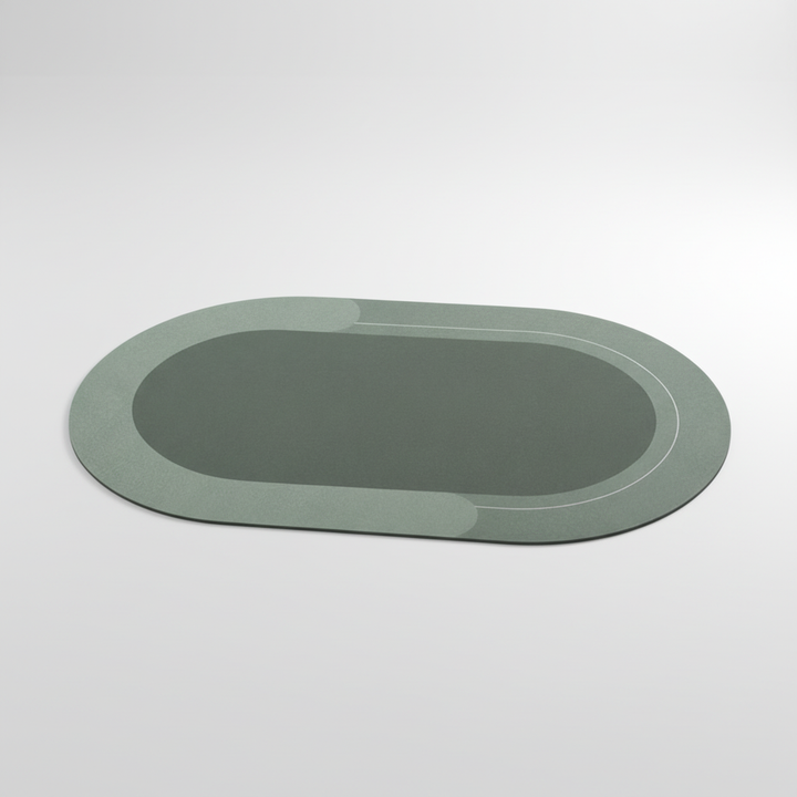 Modern home decor bath mat, oval, quick-drying feature and non-slip for secure footing.