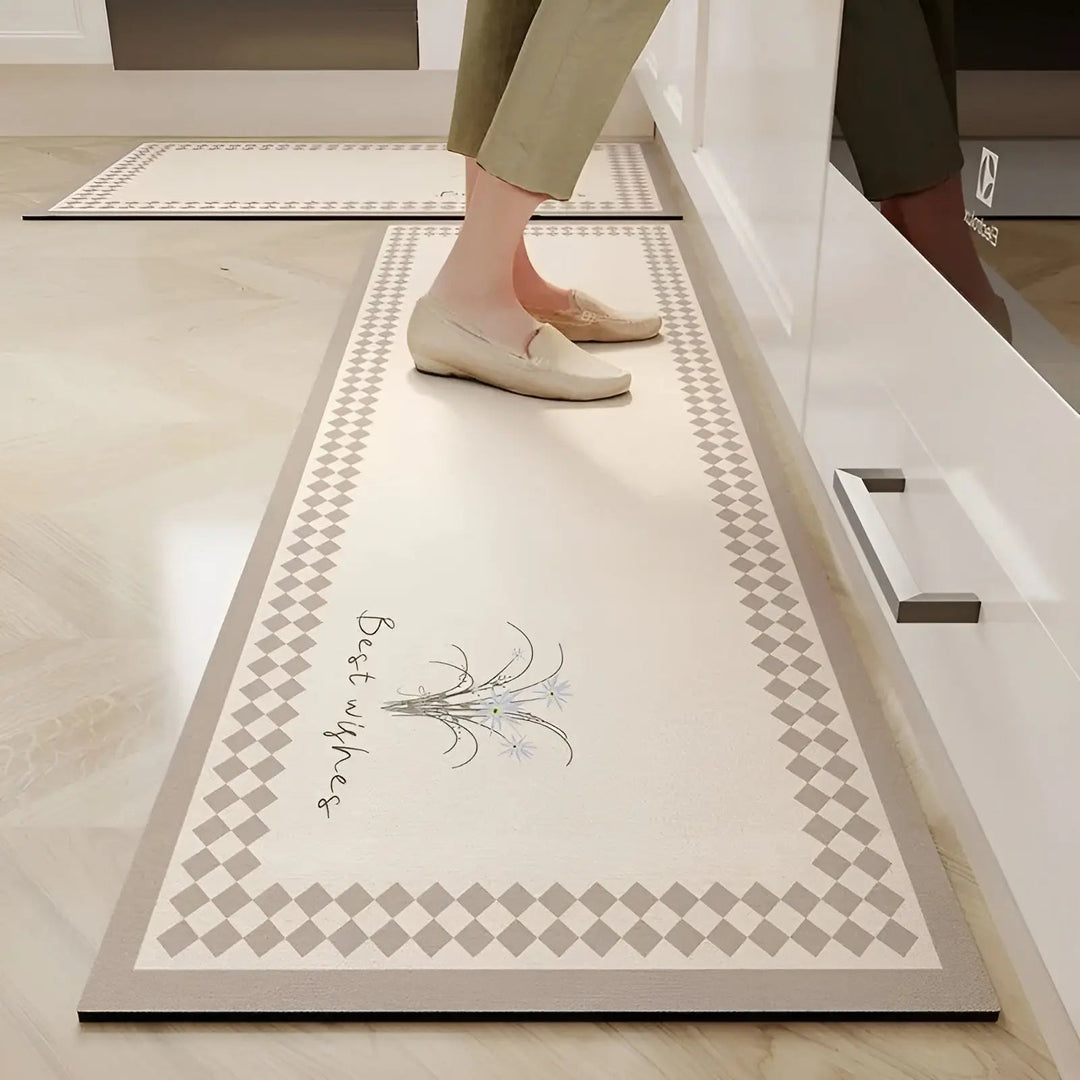Quick-drying, super absorbent kitchen mat. Non-slip PVC floor mat for ultimate comfort and safety in the kitchen.