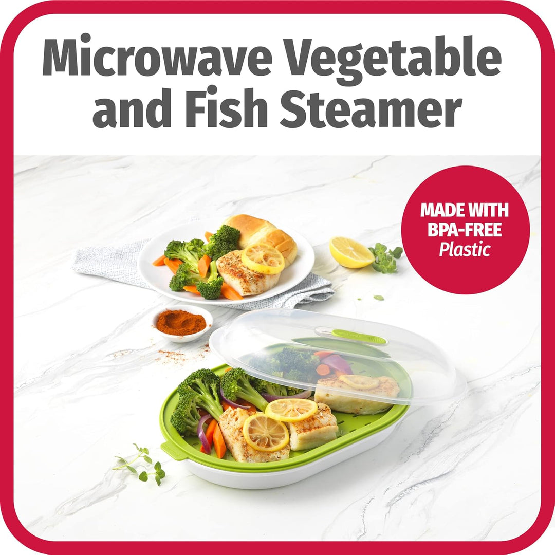 QuickSteam microwave steamer with steam vent, perfect for quick and healthy vegetable cooking.