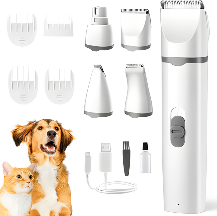 Quiet pet grooming clippers kit for dogs & cats. Cordless, low-noise animal trimmer for home pet care.