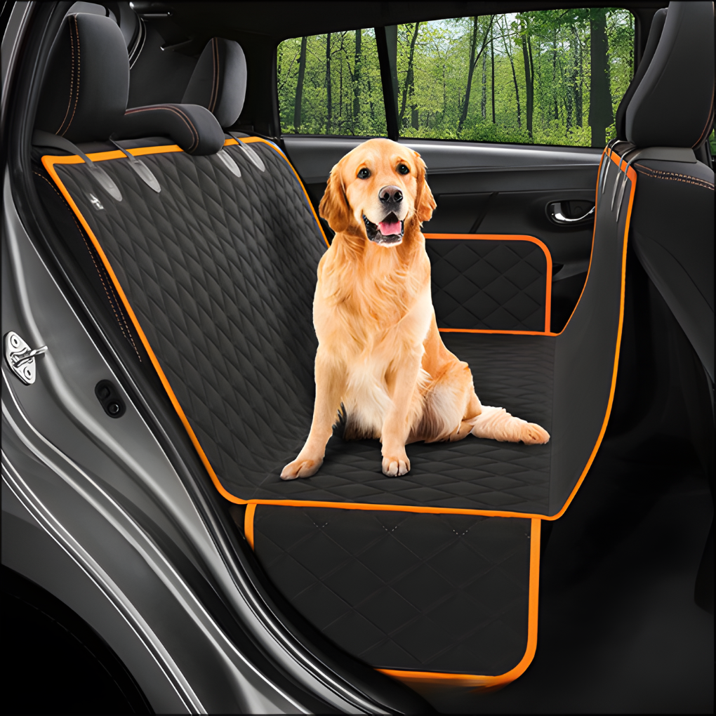 Soft quilted pet car seat extender creates a cozy vehicle pet bed and protects back seats during dog travel.