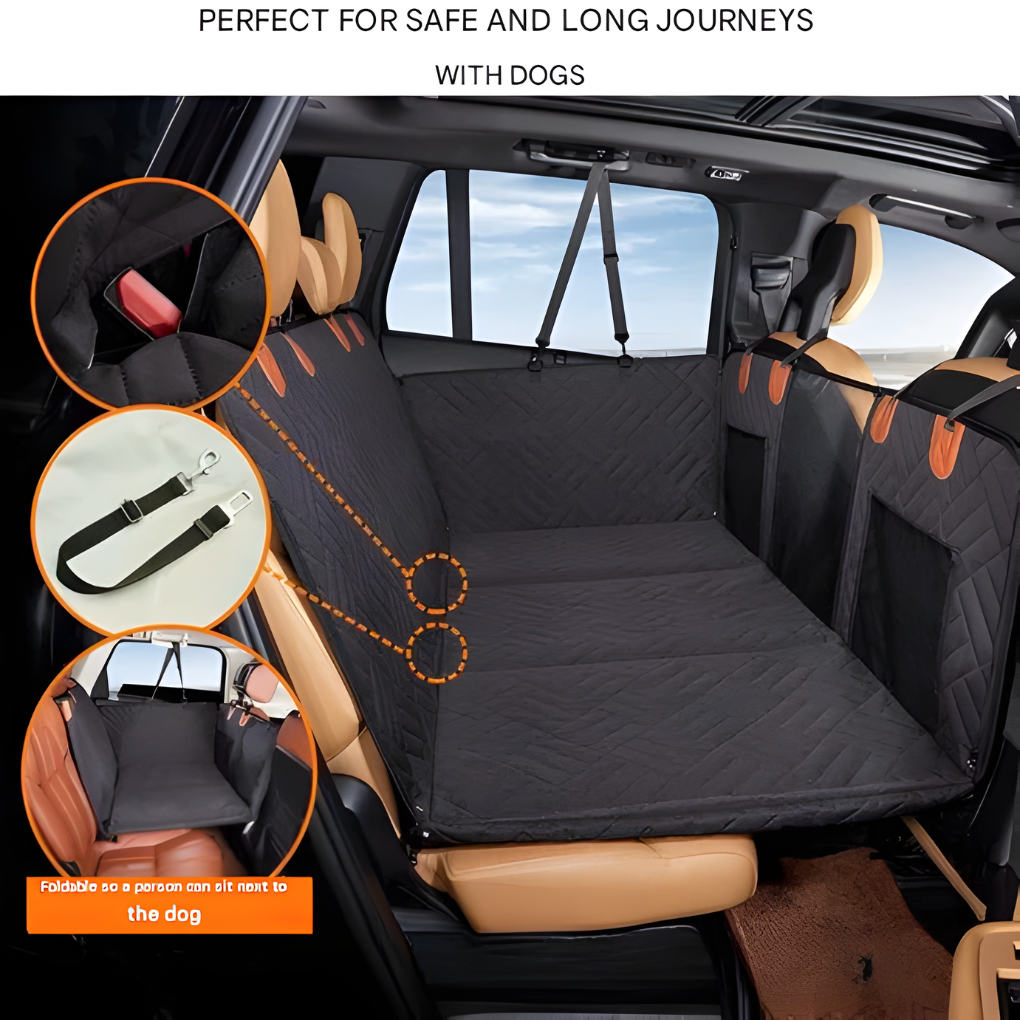 Durable quilted dog car seat extender fits securely in back seat, offering a stable, safe platform for pet travel.