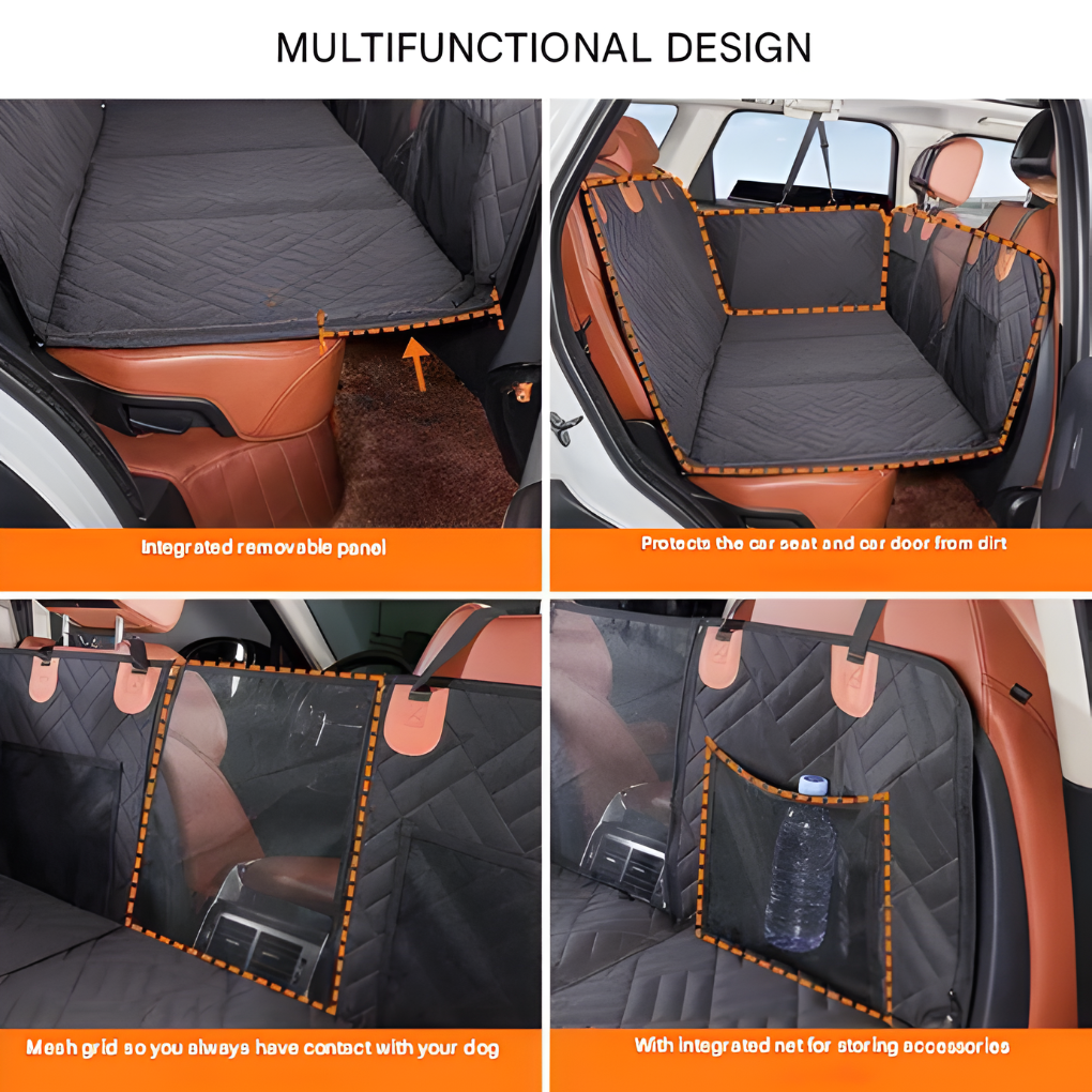 View of dog relaxing on a quilted car seat extender, providing a spacious and secure area for pet travel.