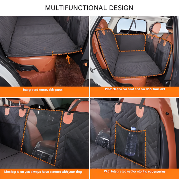 View of dog relaxing on a quilted car seat extender, providing a spacious and secure area for pet travel.