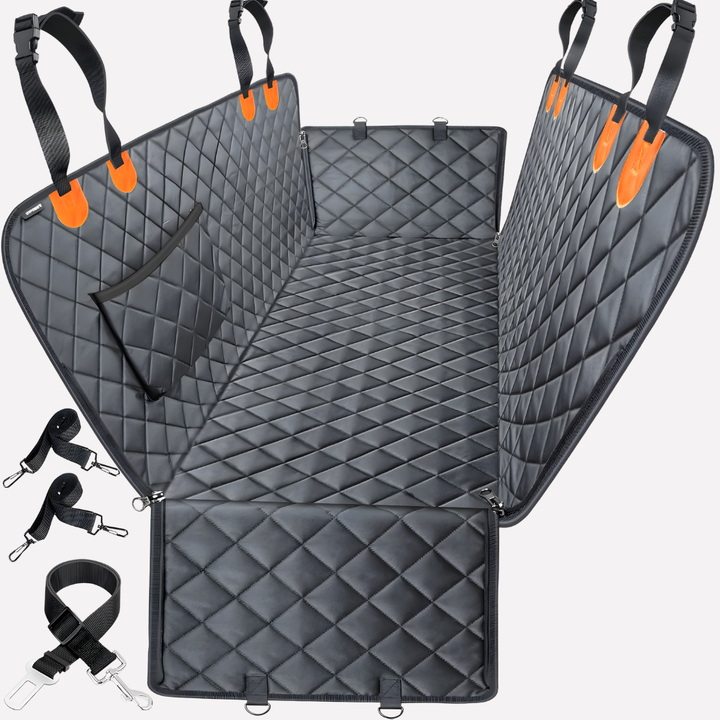 Quilted dog car seat hammock cover for vehicles, waterproof & scratch-resistant pet travel protector.