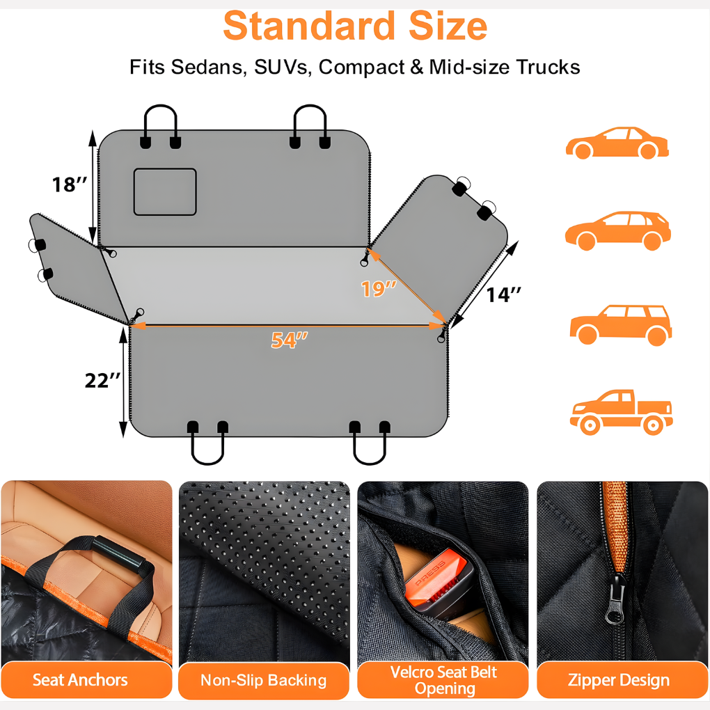 AM1 quilted pet car seat hammock, scratch-resistant & waterproof cover for dog travel in vehicles.