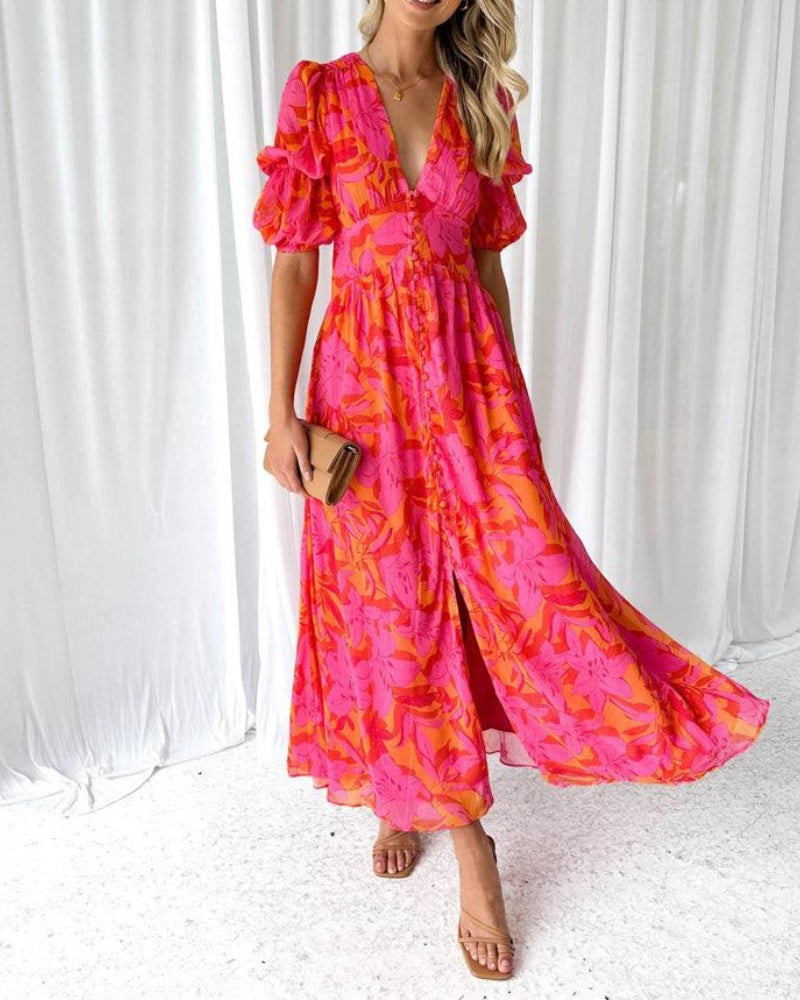 Radiant flowy maxi dress for women, featuring a flattering V-neck, elegant puff sleeves, perfect for summer occasions.