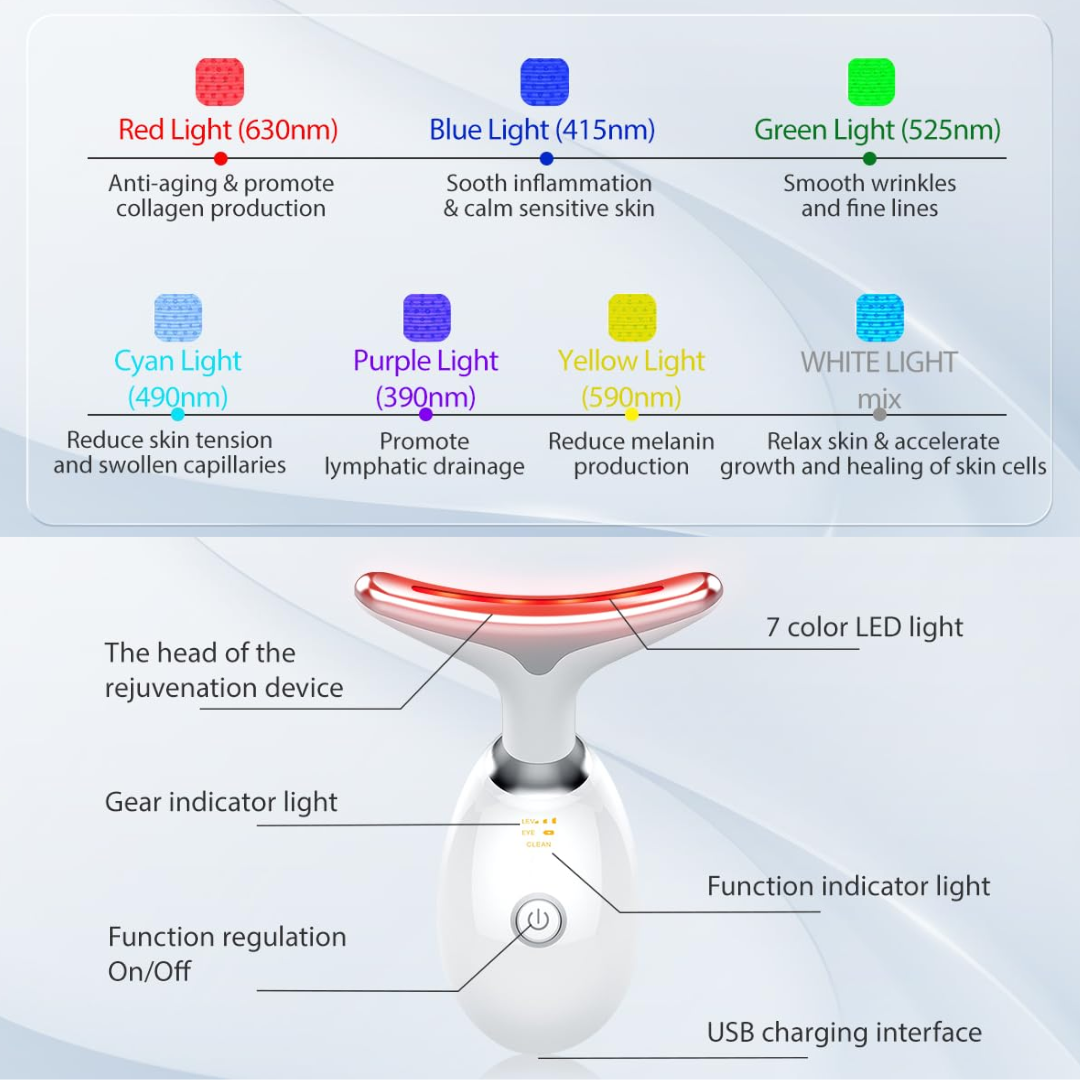 Portable RadiantGlow LED therapy device, displaying multiple light colors for skin care.