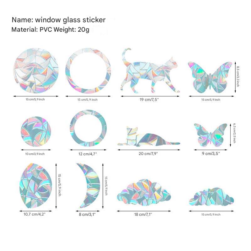 Assorted shapes of rainbow prism window decals, ideal for versatile home decor and avian protection.