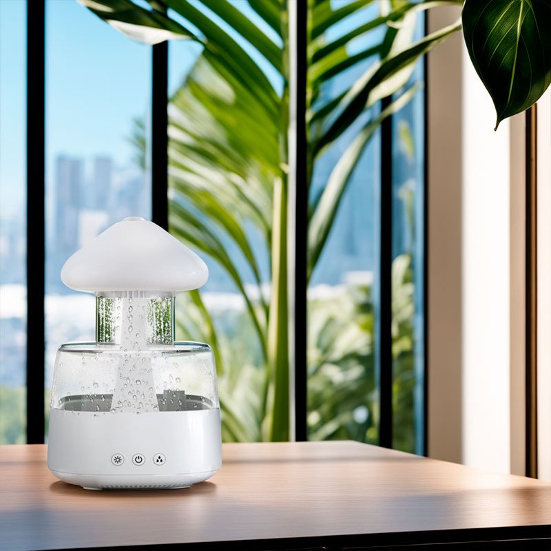 Stylish RainCloud humidifier for aromatherapy, enhancing home decor with quiet operation & ambient lighting.
