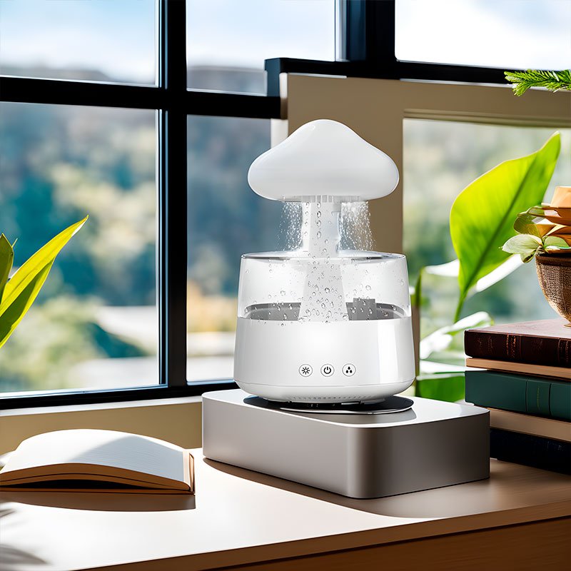 Modern RainCloud essential oil diffuser & humidifier, perfect for quiet comfort and contemporary home decor.