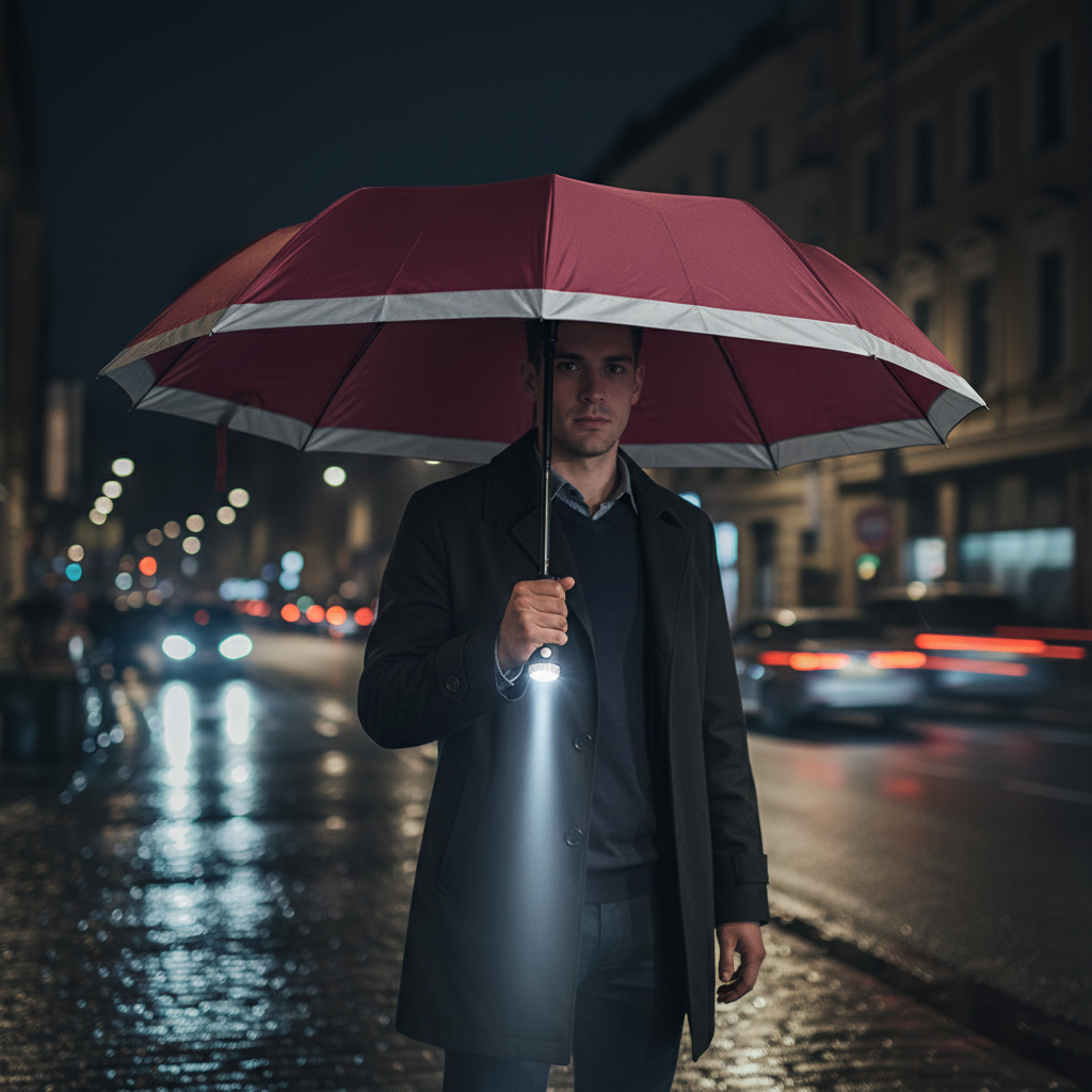 Rainlume Reverse Folding Windproof Travel Umbrella in black, shown partially open, highlighting its compact design