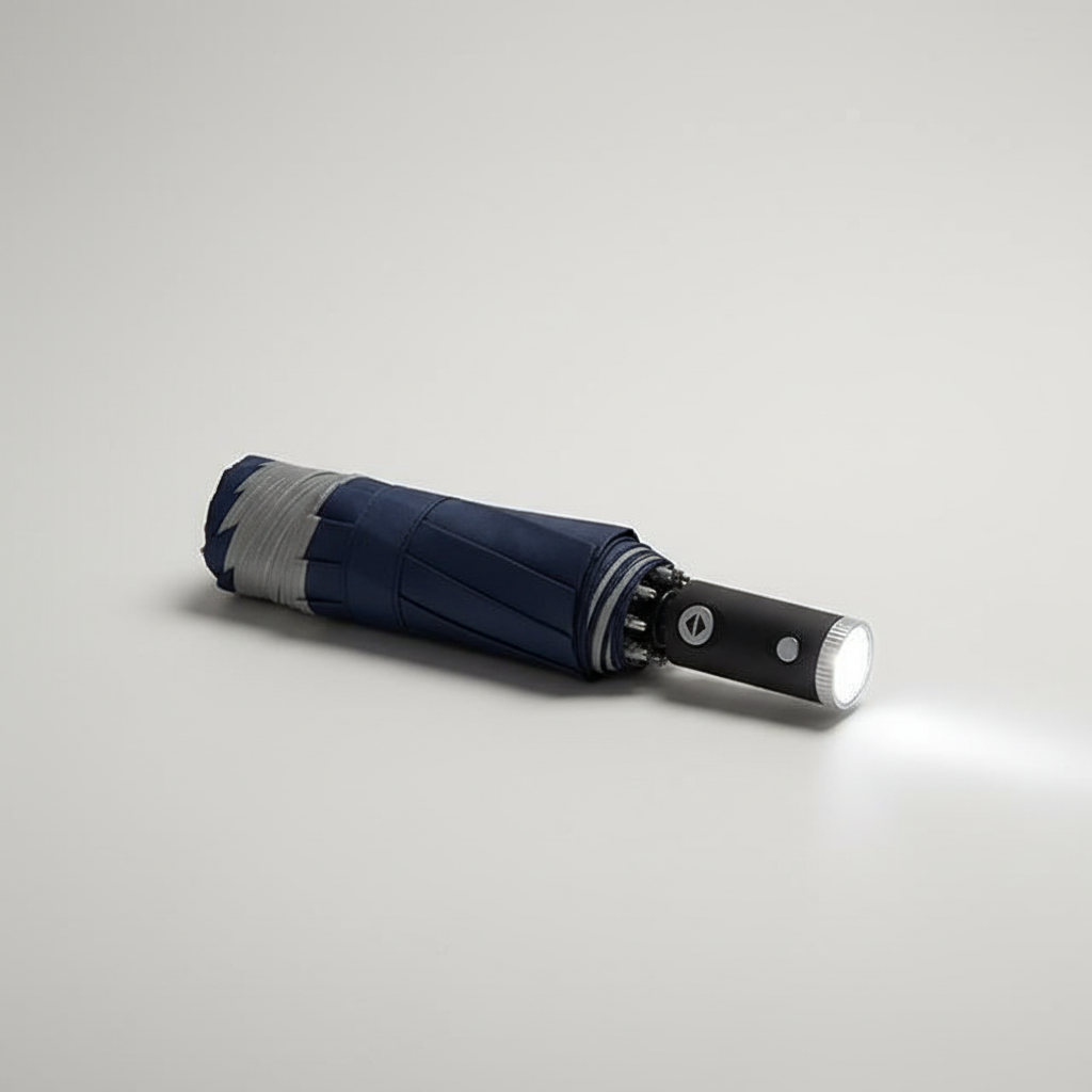 Rainlume compact travel umbrella, open and deflecting strong wind, emphasizing its windproof and durable features