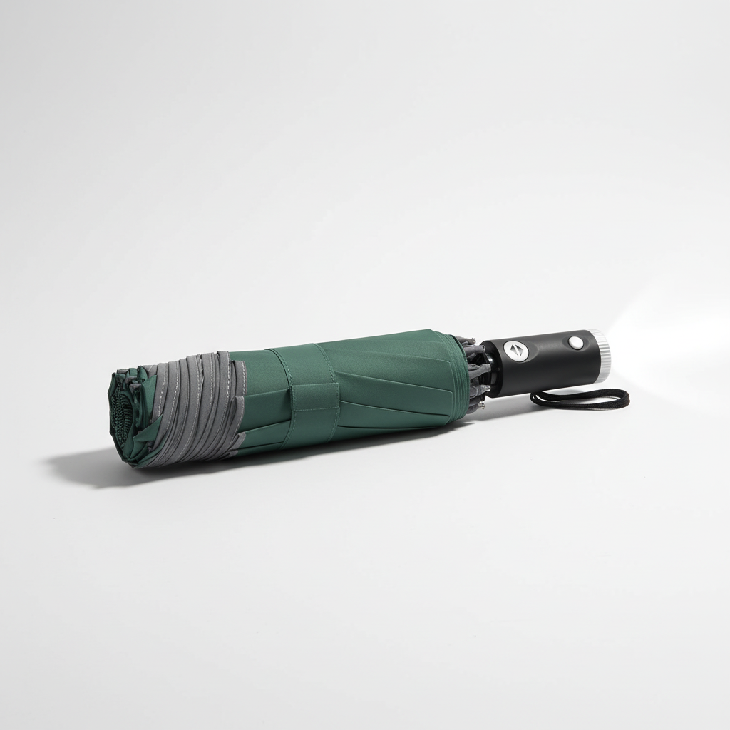 Close-up of the reflective edge on the Rainlume reverse folding umbrella, enhancing safety in low-light conditions