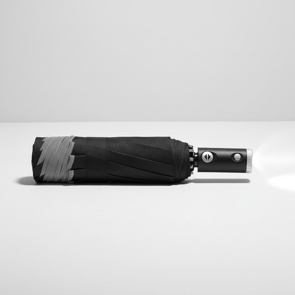 The automatic open/close mechanism button on the handle of the Rainlume windproof travel umbrella