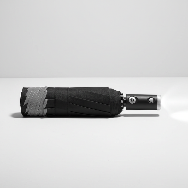The automatic open/close mechanism button on the handle of the Rainlume windproof travel umbrella